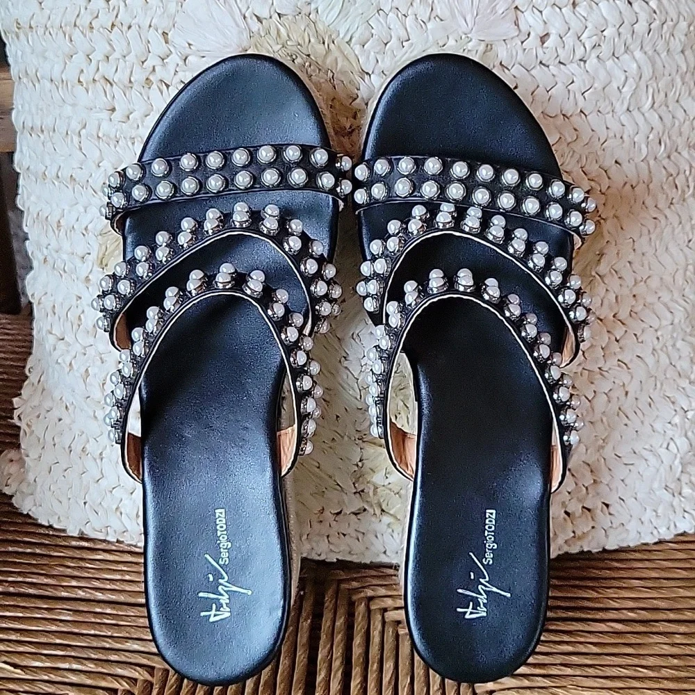 Sergio Todzi, jeweled pearl, espadrille, platform, wedge, size 40EU 9.5 US
